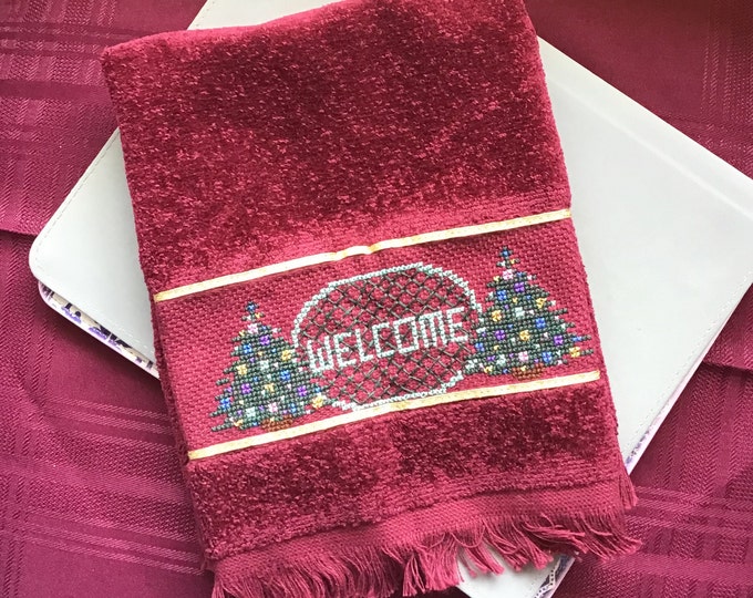 Christmas Cross Stitch Fingertip Towel/ Hand Stitched Dark Red Etsy