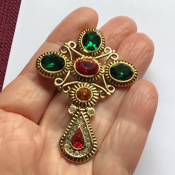 Gold Rhinestone Cross Brooch Large Vintage Cross Pin Faceted Crystal Stones Green Red Yellow Celtic Cross Gifts for Her Etsy