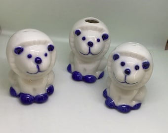 Trio of Blue and White Lions/ Salt & Pepper Shakers - Toothpick Holder/ Glazed Ceramic/ Novelty Tableware/ Vintage Ceramics