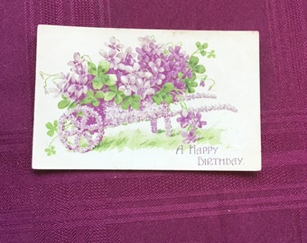 Cartolina di compleanno antica/Carriola piena di viole/Un buon compleanno/Fiori viola/Effimeri da collezione/Timbro postale 1910