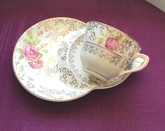 Vintage Teacup Tennis Set /Pink Roses and Gold Lace Design/ H & K Tunstall - Pattern D750/Made in England/Teacup and Snack-plate Duo