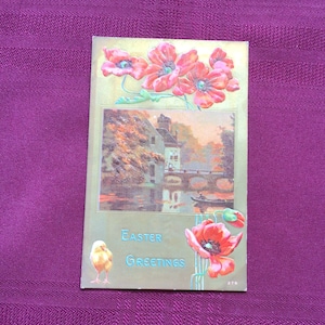 Antica cartolina di Pasqua / Auguri di Pasqua / Scena d'acqua rustica / Papaveri rossi / Ephemera da collezione