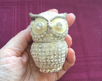 Rhinestone Studded Owl / Figural Bird Trinket Box/ Enamel Hinged Box / Bird Lovers/ Gifts for Her / Vintage Bling