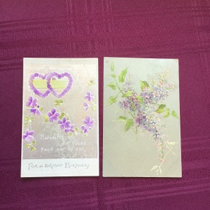 Cartes de vœux florales antiques / Paire de cartes postales en argent et violettes / Violettes et glycines / Souhaits d’anniversaire / Éphémères à collectionner