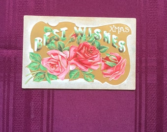 Vintage Christmas Postcard/Pink Roses/ Xmas - Best Wishes /Collectible Ephemera - 1920s
