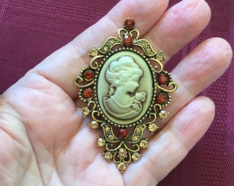 Vintage Cameo Brooch/Victorian Style Pin/ Gold Filigree/ Rhinestone Accents/ Gift for Her