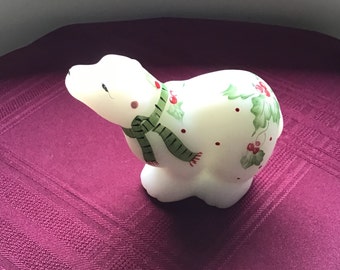 FENTON White Satin Glass Christmas Bear/ Vintage Glass Polar Bear / Festive Holly Design/White Glass/ Made in USA/ Art Glass