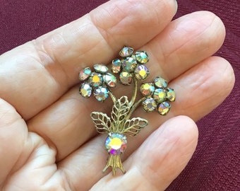 Gold Rhinestone Flower Brooch/ Vintage Floral Pin / AB Rhinestones /Small Flower Bouquet /Spring Accessory/Gifts for Her