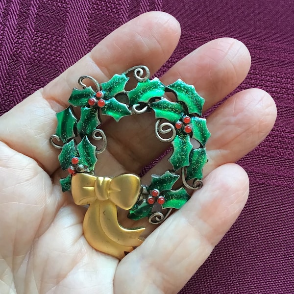 Vintage Holly Wreath Brooch/ Christmas Pin/ Green Red and Gold/ Signed AJMC/ Holiday Accessory/ Secret Santa Gift