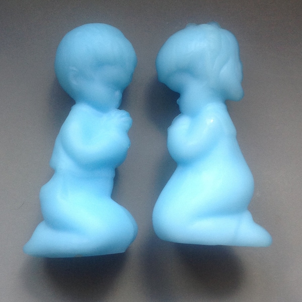 Fenton Praying Boy and Girl/ Blue Satin Glass/ Vintage Glass Figurines/Made in USA/Art Glass/ Child's Bedroom Decor - 1970s