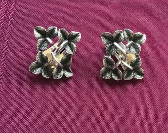 Vintage Silver Lily Earrings/ Square Clip-on Earrings /Signed SEVA / Silver and Black/  Art Nouveau/ Gift for Her/ Fashion Accessory