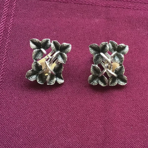 Vintage Silver Lily Earrings/ Square Clip-on Earrings /Signed SEVA / Silver and Black/  Art Nouveau/ Gift for Her/ Fashion Accessory