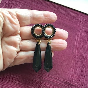 Black and Gold Dangle Earrings/ Vintage Clip-on Earrings/Black Rhinestone Rings/Large Teardrop Beads/ Fashion Accessory/ Formal Wear