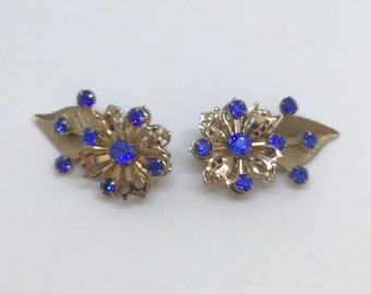 Vintage Silver & Blue Rhinestone Earrings/Floral Design/Clip Earrings / Wedding Accessory / Bridesmaid Gift /Statement Earrings