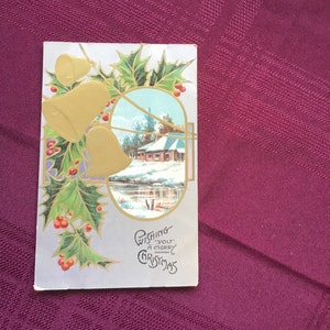 Antique Christmas Postcard/Gold Bells and Holly/ Winter Scene/ Wishing You a Merry Christmas/Collectible Ephemera
