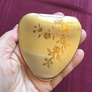 Vintage Silver & Gold Powder Compact/Heart Shaped - Floral Design/ Cherie by KIGU/ Mirror Compact/ Made in England/ Beauty Accessory