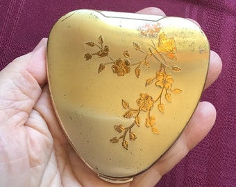 Vintage Silver & Gold Powder Compact/Heart Shaped - Floral Design/ Cherie by KIGU/ Mirror Compact/ Made in England/ Beauty Accessory
