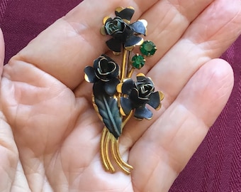 Gold and Black Rose Brooch/Vintage Floral Pin/ Green Rhinestone Accents/ Gift for Her/ Goth Style/ Black Roses