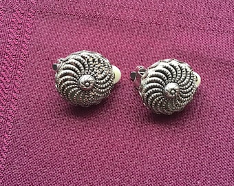 Silver Button Earrings /Vintage Clip-on Earrings/ Swirled Floral Design/ Fashion Accessory/ Gift for Hef