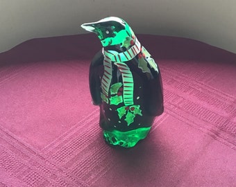 FENTON Green Glass Christmas Penguin/Vintage Hand-painted Glass /Signed Art Glass/ Festive Design/Glass Penguin