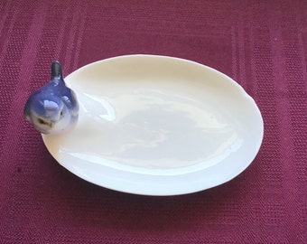 Small Blue Bird Trinket Dish/Blue and White Glazed Ceramic/ Oval Pin Tray/ Soap Dish/ Gift for Her/ Mothers Day Gift