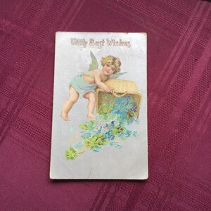 Carte postale de voeux ancienne/Cupidon avec des myosotis bleus/avec mes meilleurs voeux/argent et bleu/éphémères de collection