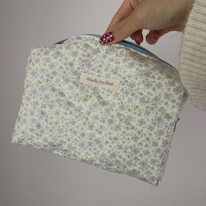 Large Handmade Quilted Blue Floral Makeup Bag: Cotton Toiletry Zipper Pouch