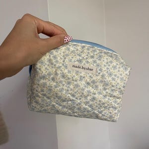 Handmade Light Blue Floral Makeup Bag: Quilted Cotton Toiletry Bag