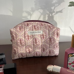 Handmade Pink Floral Quilted Makeup Bag: Cotton Toiletry Travel Bag