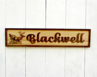 Personalized Cabin Sign - Carved Deer - Hunting Lodge Sign - Rv Camper Sign - Wood Sign - Campsite Sign - Gift for Dad -  Last Name Sign