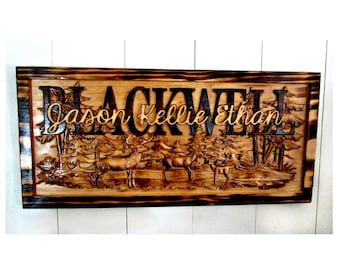 Personalized Wood Sign Custom Carved Cabin Gift Man Cave Wedding Family Last Name Established Camp Lake House Décor Woods Deer Plaque