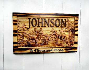 Plaque de nom de famille en bois, cadeaux de Noël pour lui, cadeau de chasse pour homme, plaque en bois personnalisée, plaque de cerf, plaque en bois gravée