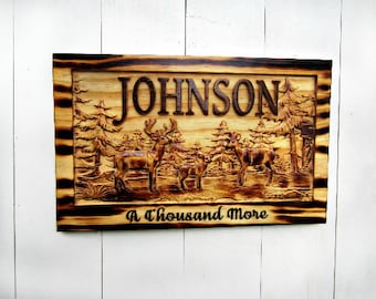 Family Name Sign Wood, Christmas Gifts for Him, Hunting Gift for Men, Personalized Wooden Sign, Deer Plaque, Engraved Wood Sign