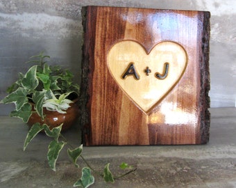 5 Year Anniversary Gifts, Couples Initials, Men Anniversary, Rustic 5th Anniversary Gift for Him, Heart Signs, Natural Tree Bark