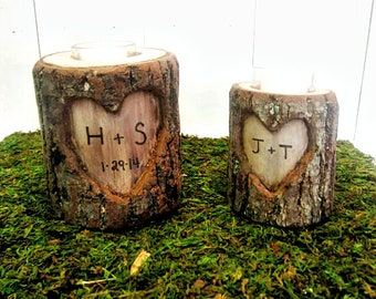 5 year Anniversary Gift, Romantic 5th Anniversary Gift, Anniversary Gifts for Men, Couples Initials, Birch Branches, Wooden Candle Holder