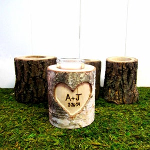 5 year Anniversary Gift, Romantic 5th Anniversary Gift, Anniversary Gifts for Men, Couples Initials, Birch Branches, Wooden Candle Holder image 2