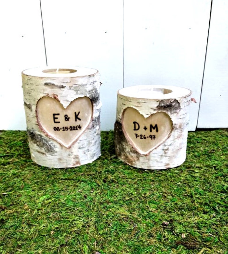 5 year Anniversary Gift, Romantic 5th Anniversary Gift, Anniversary Gifts for Men, Couples Initials, Birch Branches, Wooden Candle Holder image 10