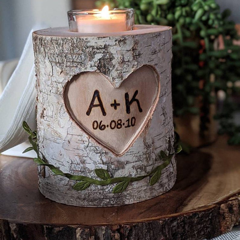 5 year Anniversary Gift, Romantic 5th Anniversary Gift, Anniversary Gifts for Men, Couples Initials, Birch Branches, Wooden Candle Holder image 3