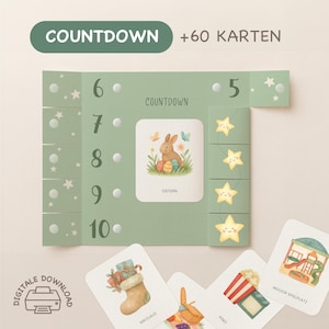 Könnte beinhalten: Ein grüner Countdown-Kalender mit dem Wort "COUNTDOWN" oben. Der Kalender zeigt eine Aquarellillustration eines Hasen und Ostereiern. Zusätzliche Karten mit Illustrationen sind enthalten.