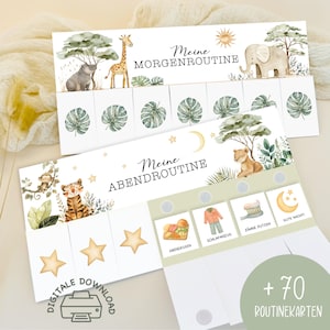 Op de afbeelding: Twee geïllustreerde routinekaarten met jungledieren en de tekst "Meine Morgenroutine" en "Meine Abendroutine". De kaarten bevatten illustraties van een giraffe, olifant, leeuw en tijger, met ruimtes om dagelijkse activiteiten bij te houden.