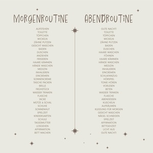 May include: A beige chart with the words "MORGENROUTINE" and "ABENDROUTINE" at the top. The chart lists daily activities in German, such as "wake up," "brush teeth," and "go to bed." The text is in a handwritten style.