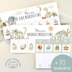 May include: Two illustrated cards with the text "Meine Abendroutine" and "Meine Morgenroutine" in black script. The cards feature watercolor dinosaurs, eggs, and other graphics. The bottom card has icons for breakfast, water, backpack, and school.