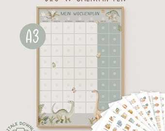 Weekly schedule for children | Children's weekly planner – task & routine cards | Dinosaur weekly planner | Montessori | Printable A3