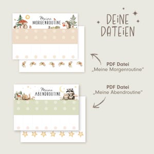 May include: Two printable PDF files with watercolor illustrations. One titled "Meine Morgenroutine" features forest animals and the other, "Meine Abendroutine," has a night theme. The text "DEINE DATEIEN" is also visible.