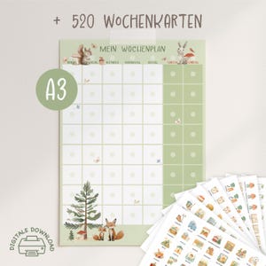 Könnte beinhalten: Ein Wochenplaner im A3-Format mit einem hellgrünen und weißen Design. Der Planer zeigt Illustrationen von Waldtieren und eine Waldszene. Enthält einen Satz von 520 Aufklebern. Der Text auf dem Planer lautet "Mein Wochenplan".