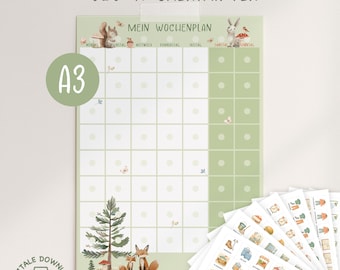 Weekly plan for children | Children's weekly planner – task & routine cards | Weekly planner forest animals | Montessori | Printable A3