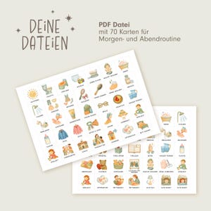 May include: Two white cards with watercolor illustrations of daily routines. The cards feature images and German text, including "DEINE DATEIEN" and "PDF Datei mit 70 Karten f&uuml;r Morgen- und Abendroutine."