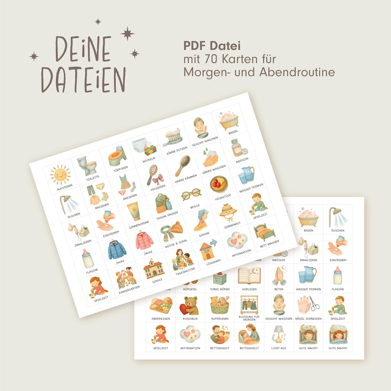 May include: Two white cards with watercolor illustrations of daily routines. The cards feature images and German text, including "DEINE DATEIEN" and "PDF Datei mit 70 Karten f&uuml;r Morgen- und Abendroutine."