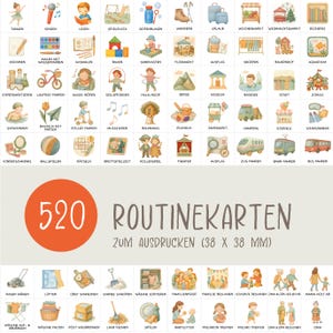 May include: A set of 520 illustrated routine cards, each showing a different activity. The cards are arranged in a grid, featuring images of dancing, singing, reading, and other everyday tasks. The text "ROUTINEKARTEN" is displayed.