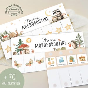 Peut inclure: Deux tableaux de routine imprimables avec des illustrations à l'aquarelle de créatures des bois, dont un raton laveur, un hibou, un hérisson et des papillons. Les tableaux comportent le texte "Meine Abendroutine" et "Meine Morgenroutine".